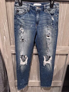 KanCan Distressed Blue Boyfriend Jeans with Paint-Splash Detail